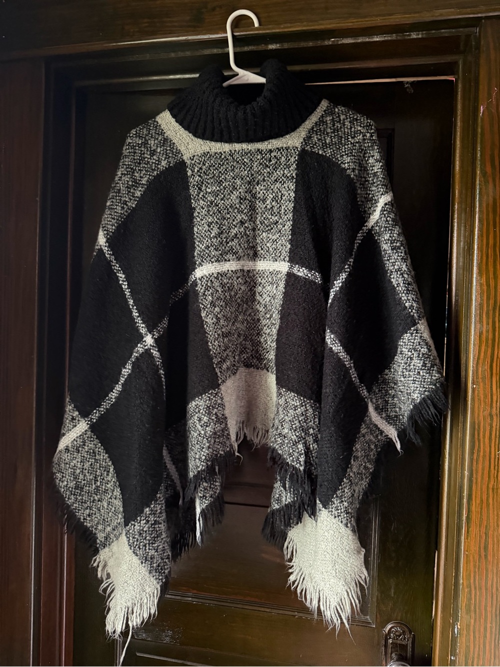 Black & White Checked Turtleneck Poncho Sweater